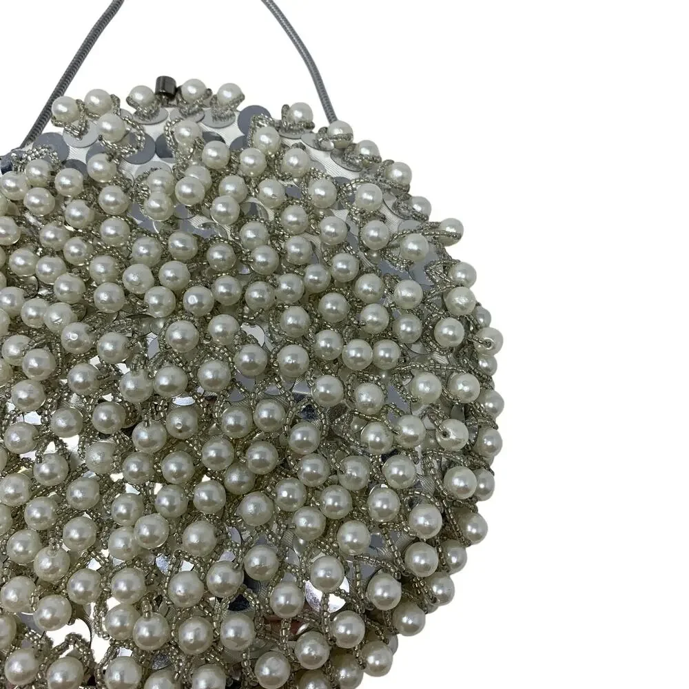 Vintage DeLill Faux Pearl Beaded Evening Bag White Bridal Clutch Chain Purse
